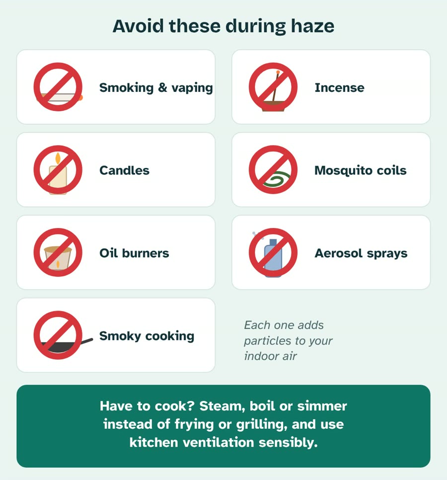 Indoor smoke sources to avoid during haze: smoking, vaping, incense, candles, mosquito coils, oil burners, aerosol sprays and smoky cooking