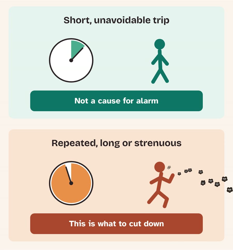 A short, unavoidable trip in haze is not a cause for alarm; repeated, long or strenuous outdoor exposure is what to cut down