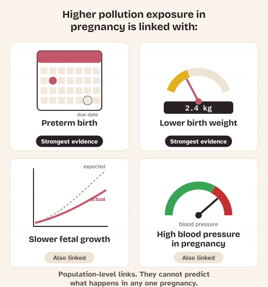Pregnancy outcomes linked to air pollution: preterm birth, lower birth weight, slower fetal growth and high blood pressure in pregnancy