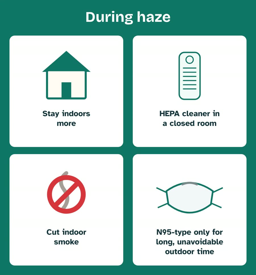 Haze plan for pregnancy: stay indoors more, HEPA air cleaner in a closed room, cut indoor smoke, N95-type mask only for unavoidable time outdoors