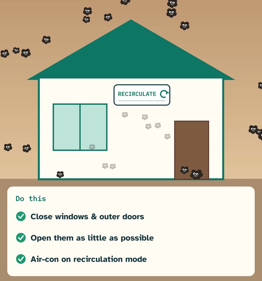Home during haze with windows and doors closed and air-conditioning on recirculation mode